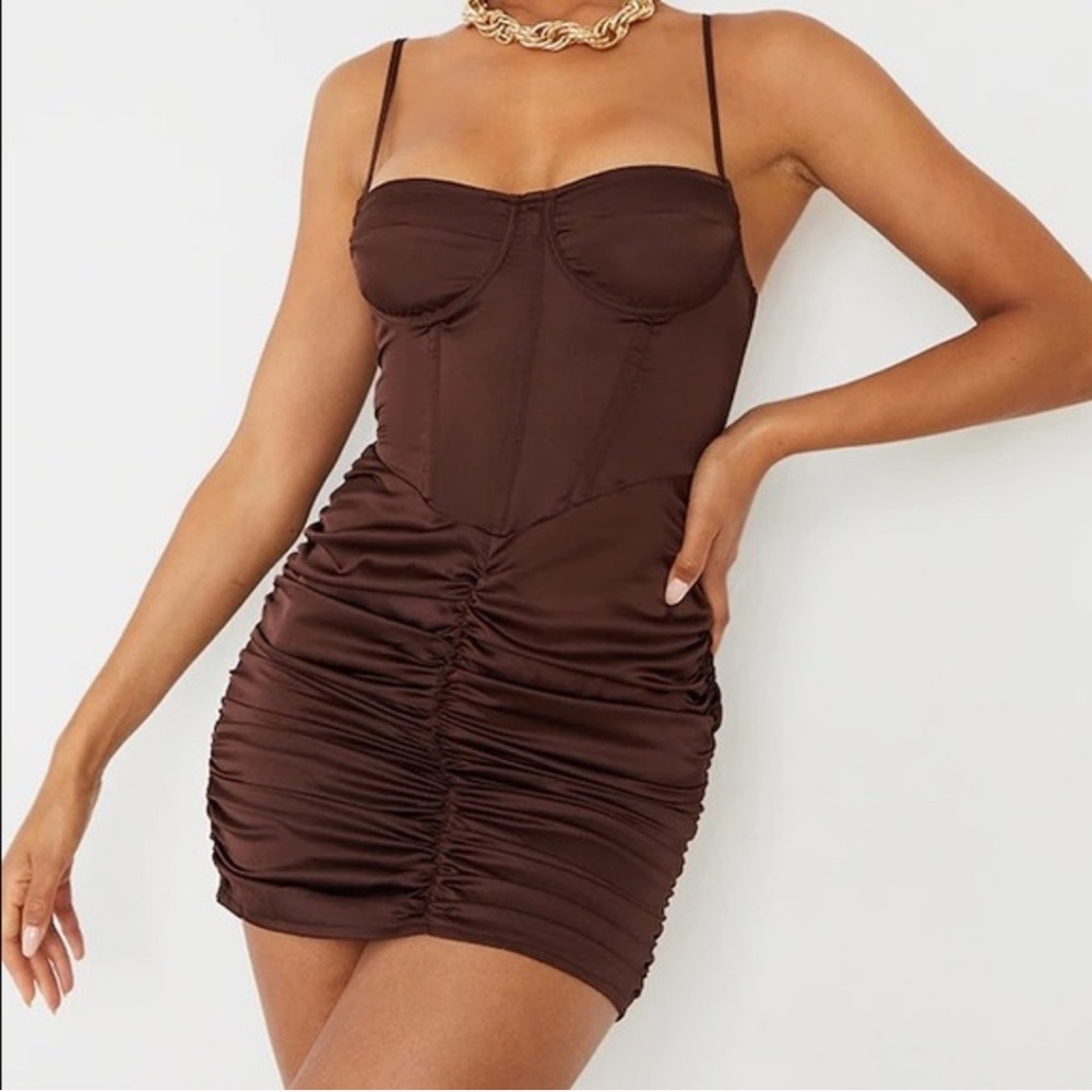 PrettyLittleThing Brown Ruched Mini Dress